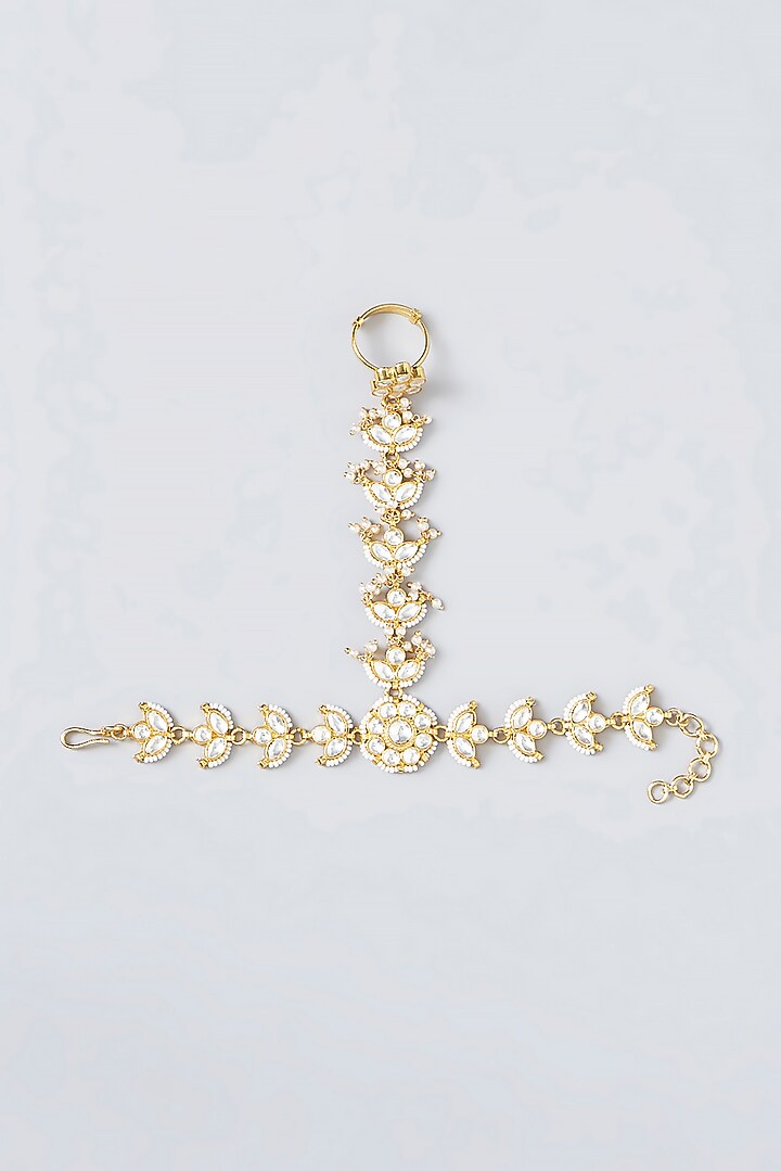 Gold Finish Kundan Polki & Pearl Haath Phool by VASTRAA Jewellery at Pernia's Pop Up Shop