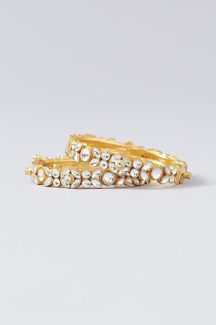 Gold Finish Kundan Polki Bangles (Set of 2) by VASTRAA Jewellery at Pernia's Pop Up Shop