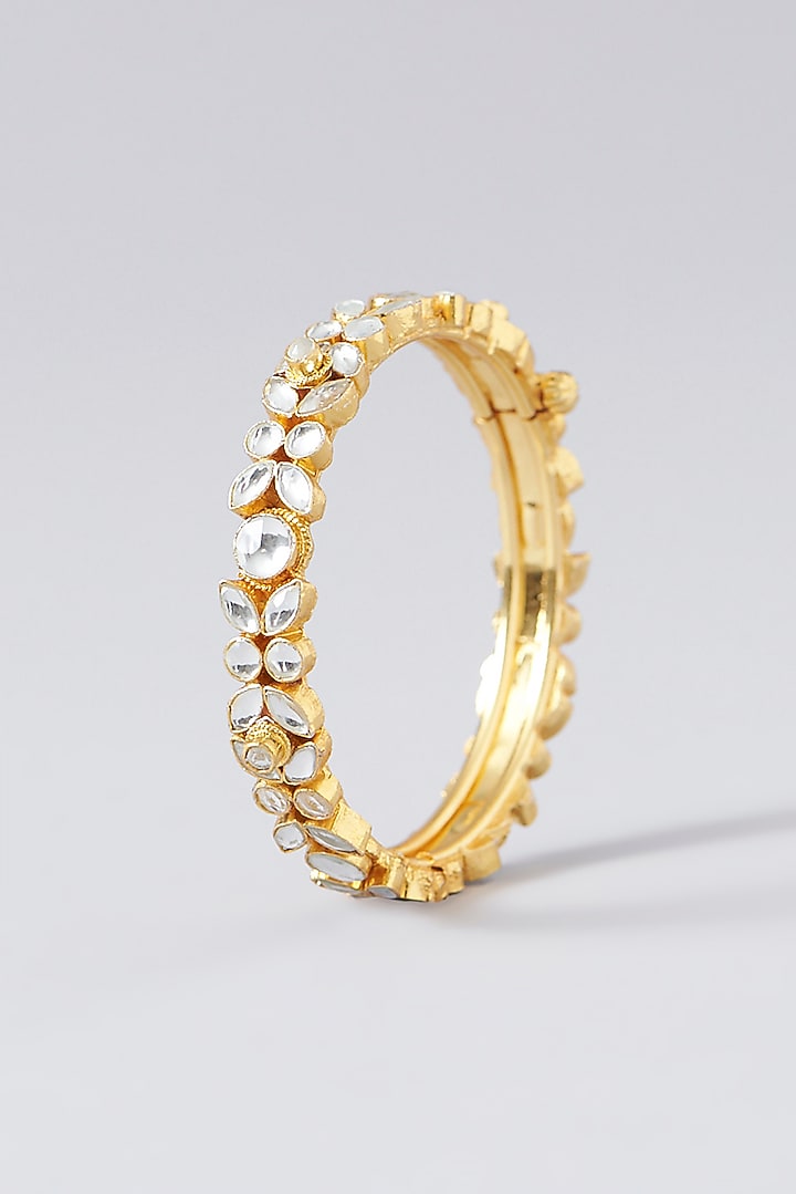 Gold Finish Kundan Polki Bangles (Set of 2) by VASTRAA Jewellery at Pernia's Pop Up Shop