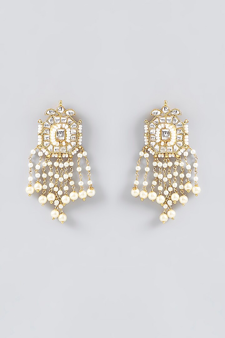 Gold Finish Kundan Polki Dangler Earrings by VASTRAA Jewellery at Pernia's Pop Up Shop