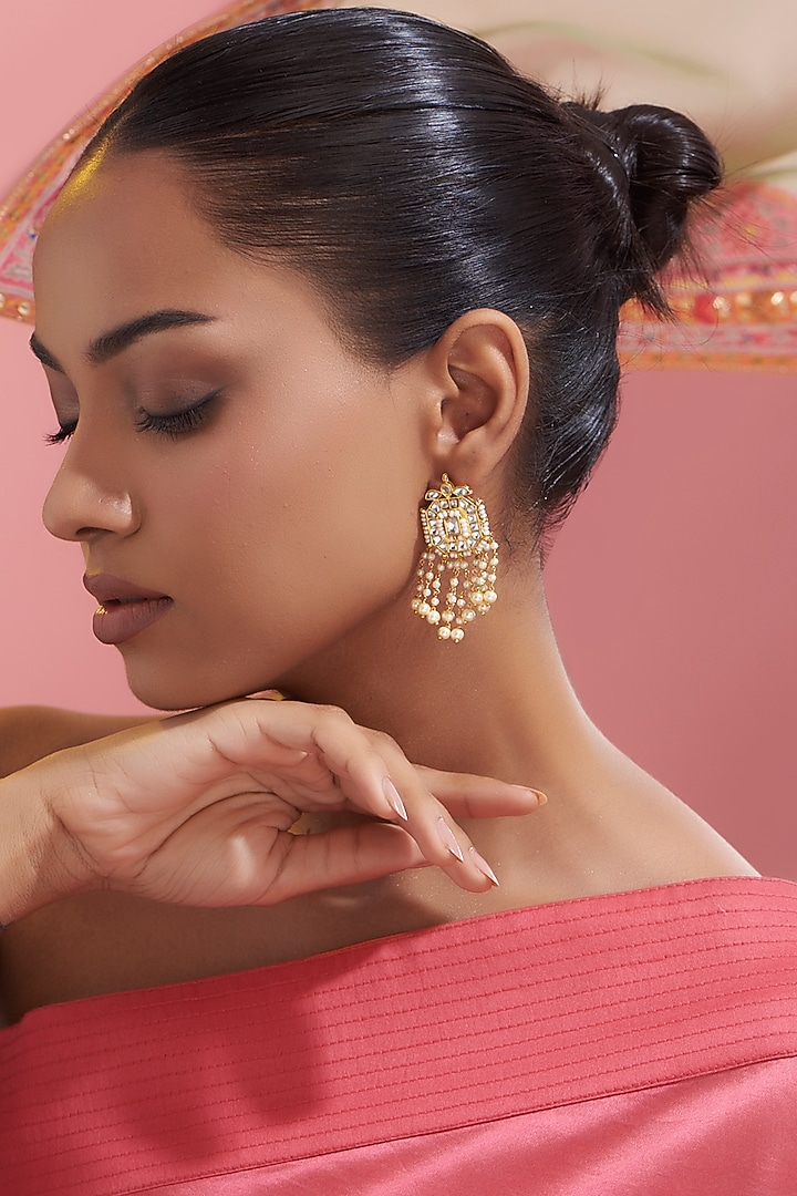 Gold Finish Kundan Polki Dangler Earrings by VASTRAA Jewellery at Pernia's Pop Up Shop