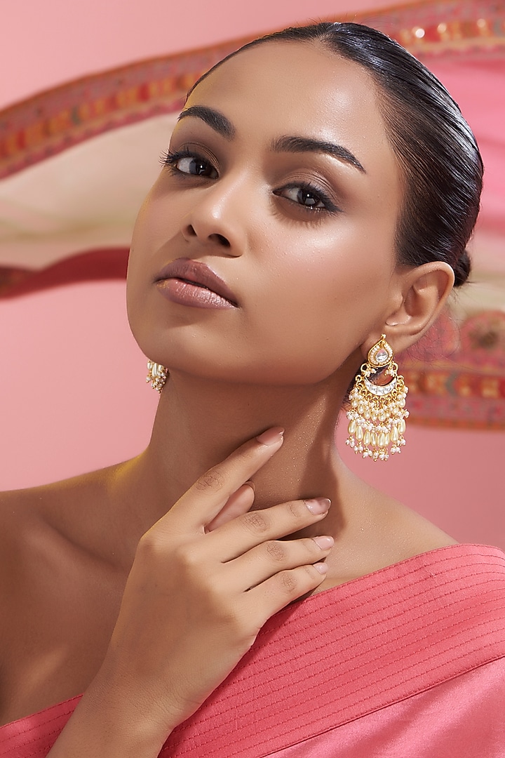 Gold Finish Kundan Polki Chandbali Earrings by VASTRAA Jewellery at Pernia's Pop Up Shop