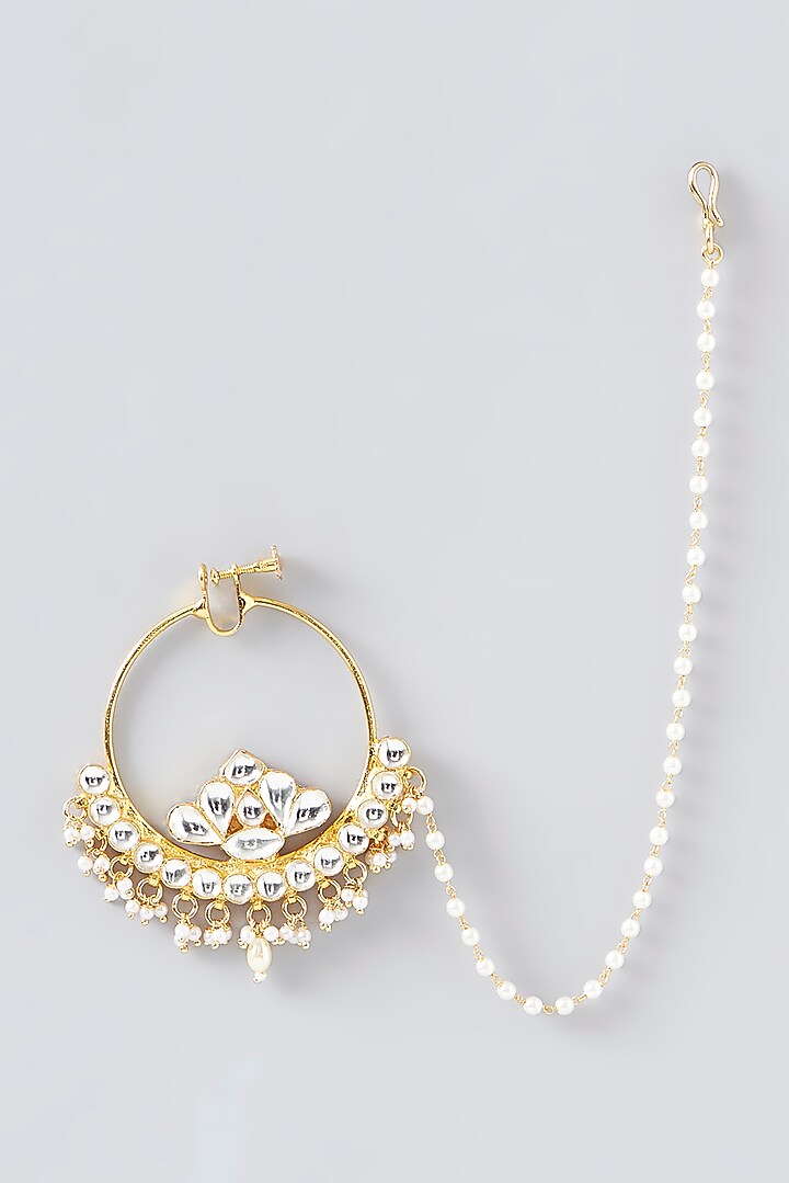 Gold Finish Kundan Polki & Pearl Nose Ring by VASTRAA Jewellery at Pernia's Pop Up Shop