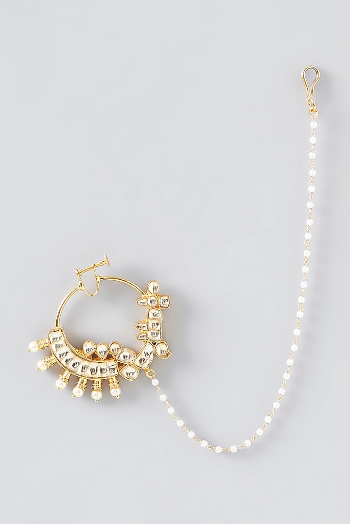 Gold Finish Kundan Polki & Pearl Nose Ring by VASTRAA Jewellery at Pernia's Pop Up Shop