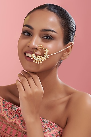 Gold Finish Kundan Polki & Pearl Nose Ring by VASTRAA Jewellery
