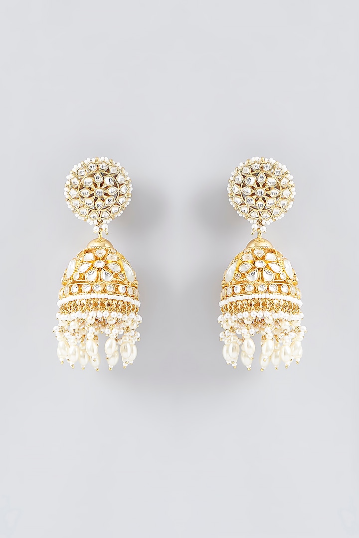 Gold Finish Kundan Polki Jhumka Earrings by VASTRAA Jewellery at Pernia's Pop Up Shop