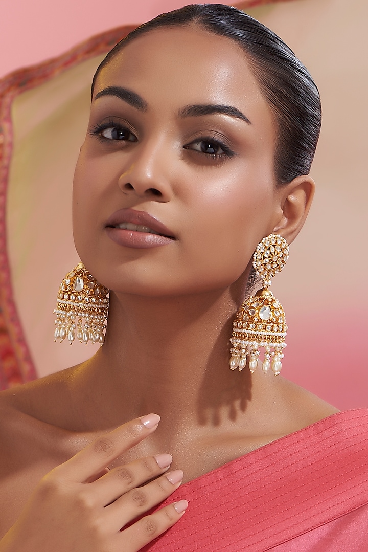 Gold Finish Kundan Polki Jhumka Earrings by VASTRAA Jewellery at Pernia's Pop Up Shop