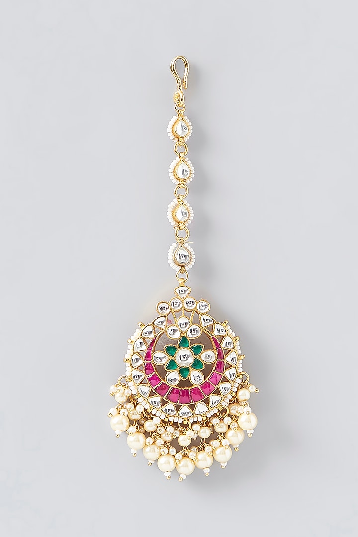 Gold Finish Kundan Polki & Red Stone Dangler Earrings With Maangtikka by VASTRAA Jewellery at Pernia's Pop Up Shop