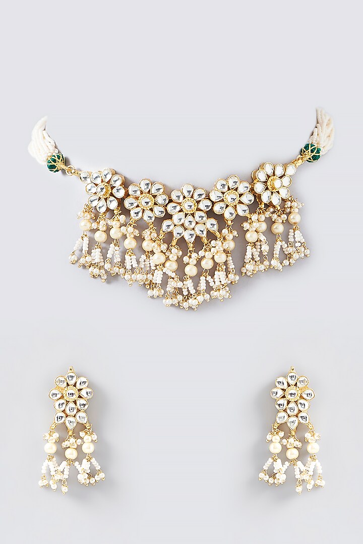 Gold Finish Kundan Polki & Pearl Choker Necklace Set by VASTRAA Jewellery at Pernia's Pop Up Shop