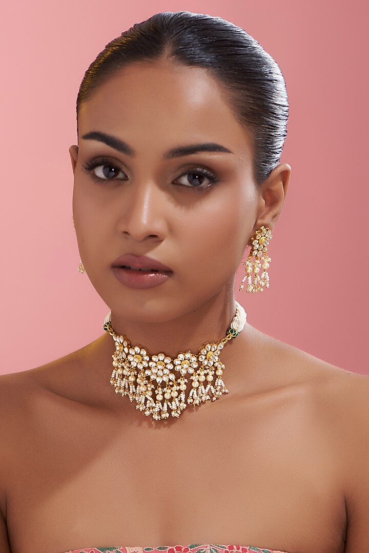 Gold Finish Kundan Polki & Pearl Choker Necklace Set by VASTRAA Jewellery at Pernia's Pop Up Shop
