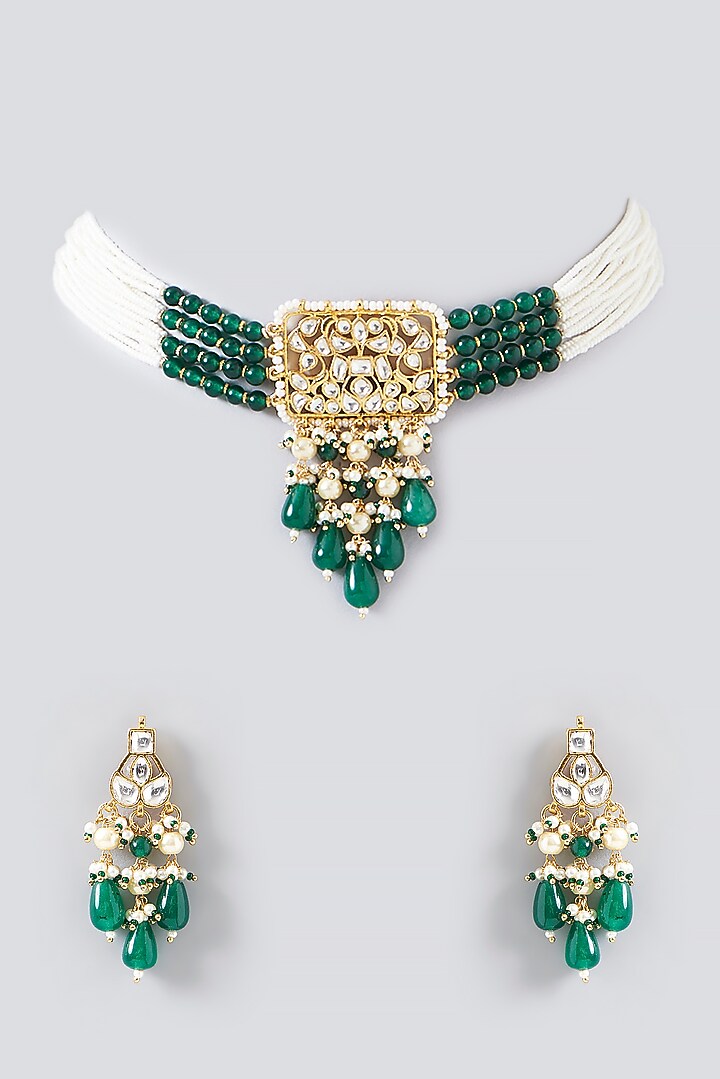 Gold Finish Kundan Polki Choker Necklace Set by VASTRAA Jewellery at Pernia's Pop Up Shop