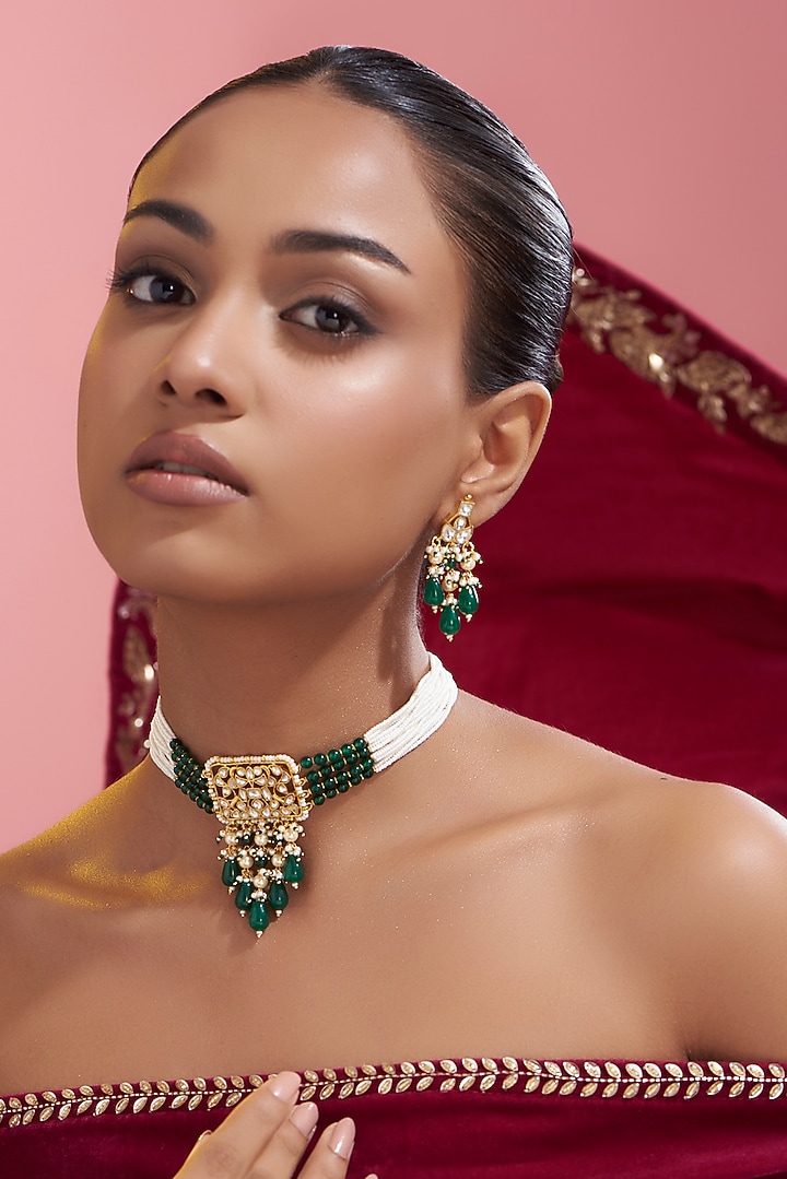 Gold Finish Kundan Polki Choker Necklace Set by VASTRAA Jewellery at Pernia's Pop Up Shop