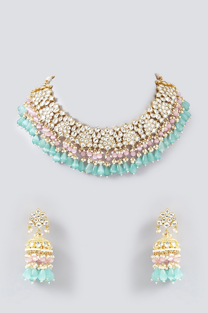 Gold Finish Kundan Polki & Pearl Necklace Set by VASTRAA Jewellery at Pernia's Pop Up Shop