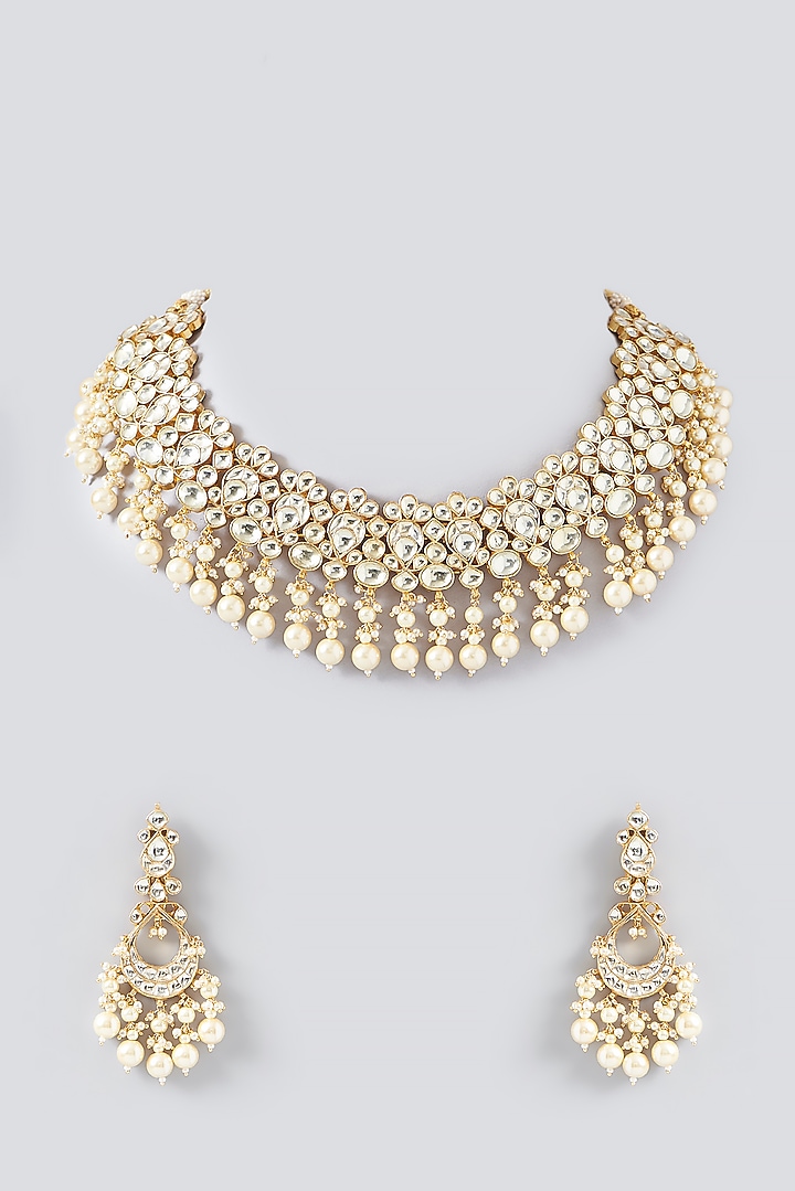 Gold Finish Kundan Polki & Pearl Necklace Set by VASTRAA Jewellery at Pernia's Pop Up Shop