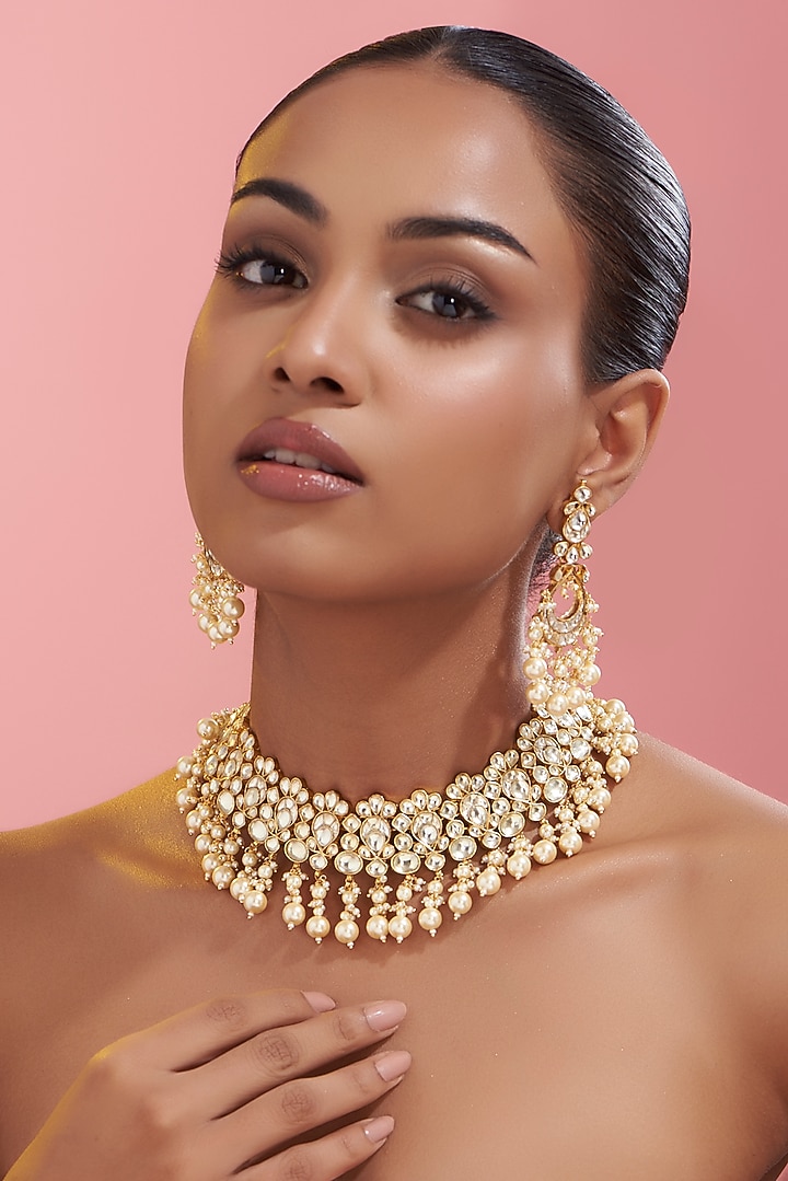 Gold Finish Kundan Polki & Pearl Necklace Set by VASTRAA Jewellery at Pernia's Pop Up Shop