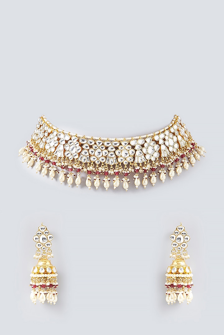 Gold Finish Kundan Polki & Pearl Choker Necklace Set by VASTRAA Jewellery at Pernia's Pop Up Shop