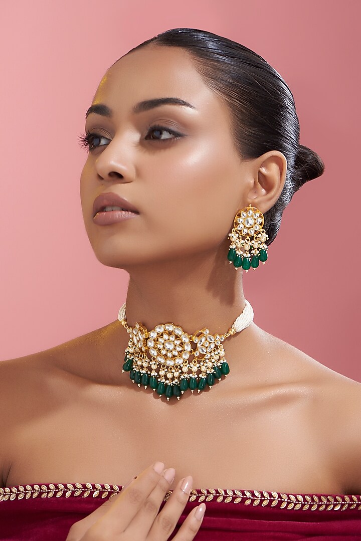 Gold Finish Kundan Polki & Pearl Choker Necklace Set by VASTRAA Jewellery at Pernia's Pop Up Shop