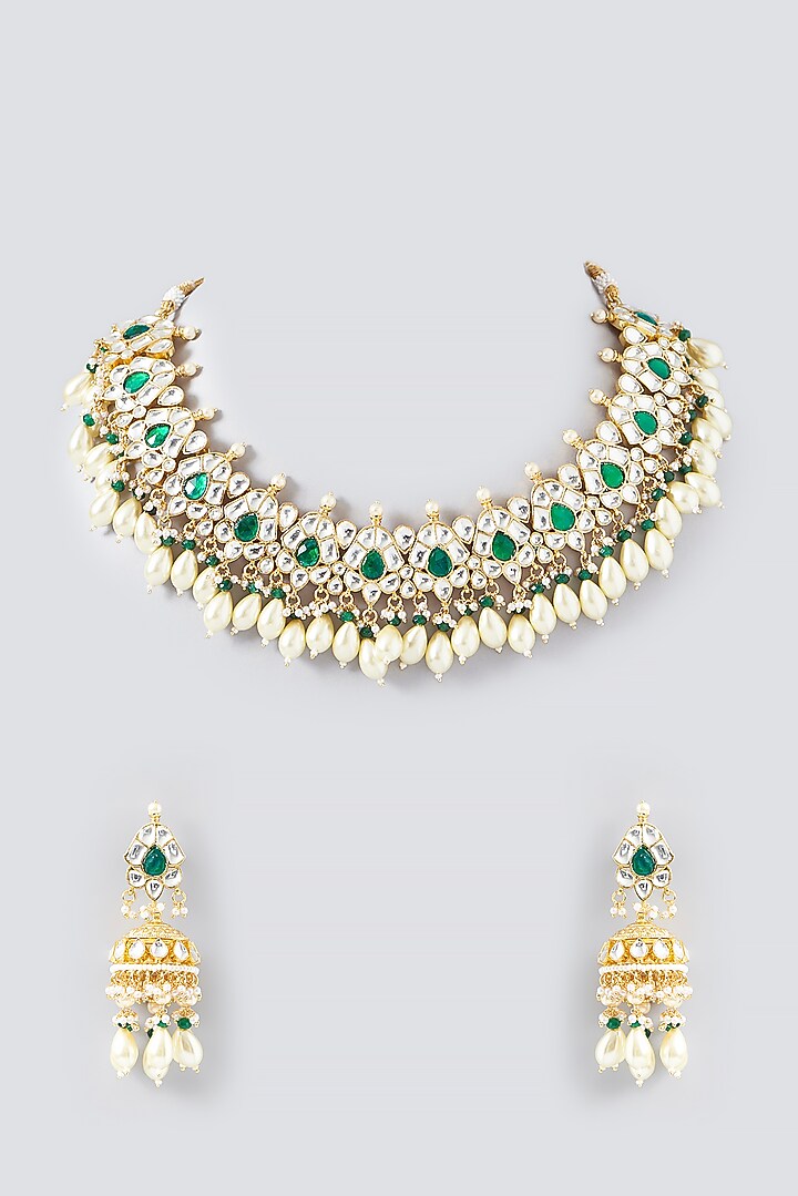 Gold Finish Kundan Polki & Pearl Necklace Set by VASTRAA Jewellery at Pernia's Pop Up Shop