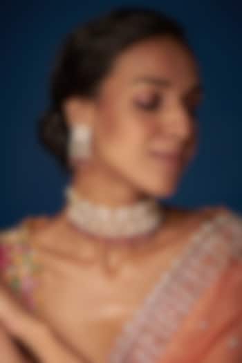 Gold Finish Kundan Polki & Pink Beaded Choker Necklace Set by VASTRAA Jewellery