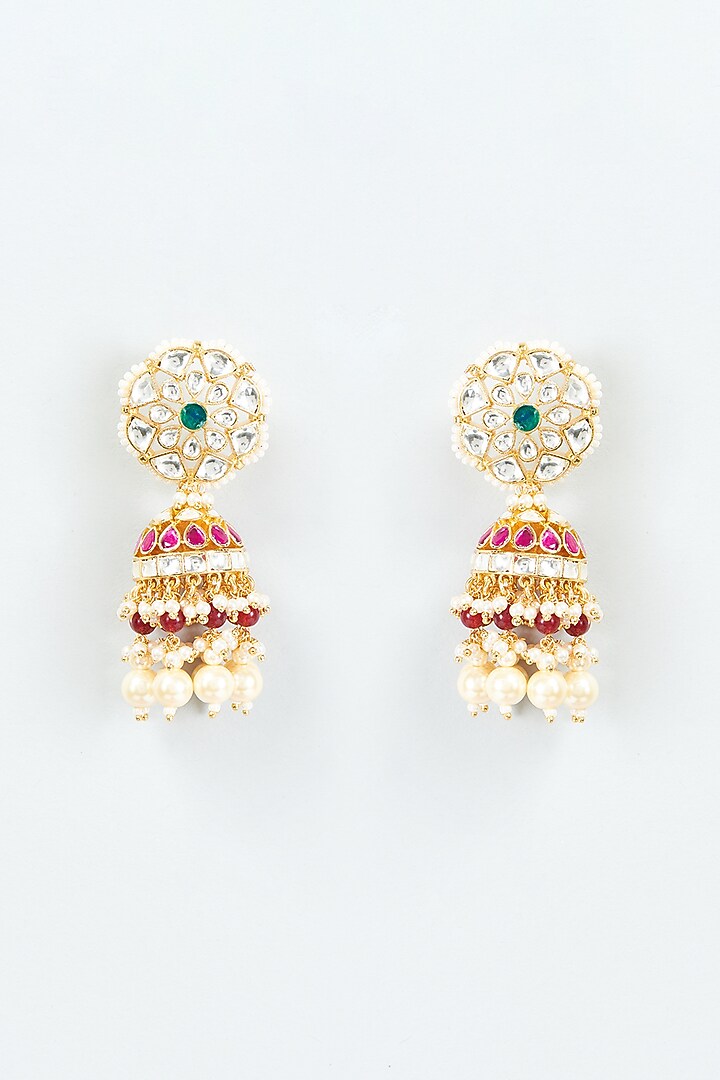 Gold Finish Kundan Polki & Pearl Jhumka Earrings by VASTRAA Jewellery at Pernia's Pop Up Shop