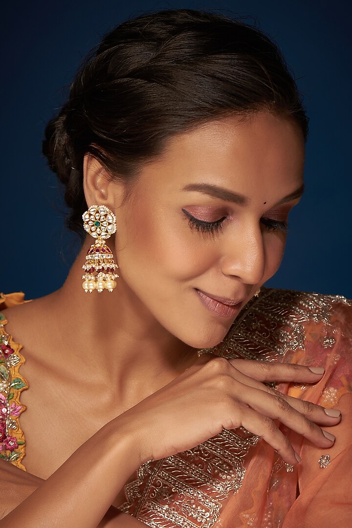 Gold Finish Kundan Polki & Pearl Jhumka Earrings by VASTRAA Jewellery at Pernia's Pop Up Shop
