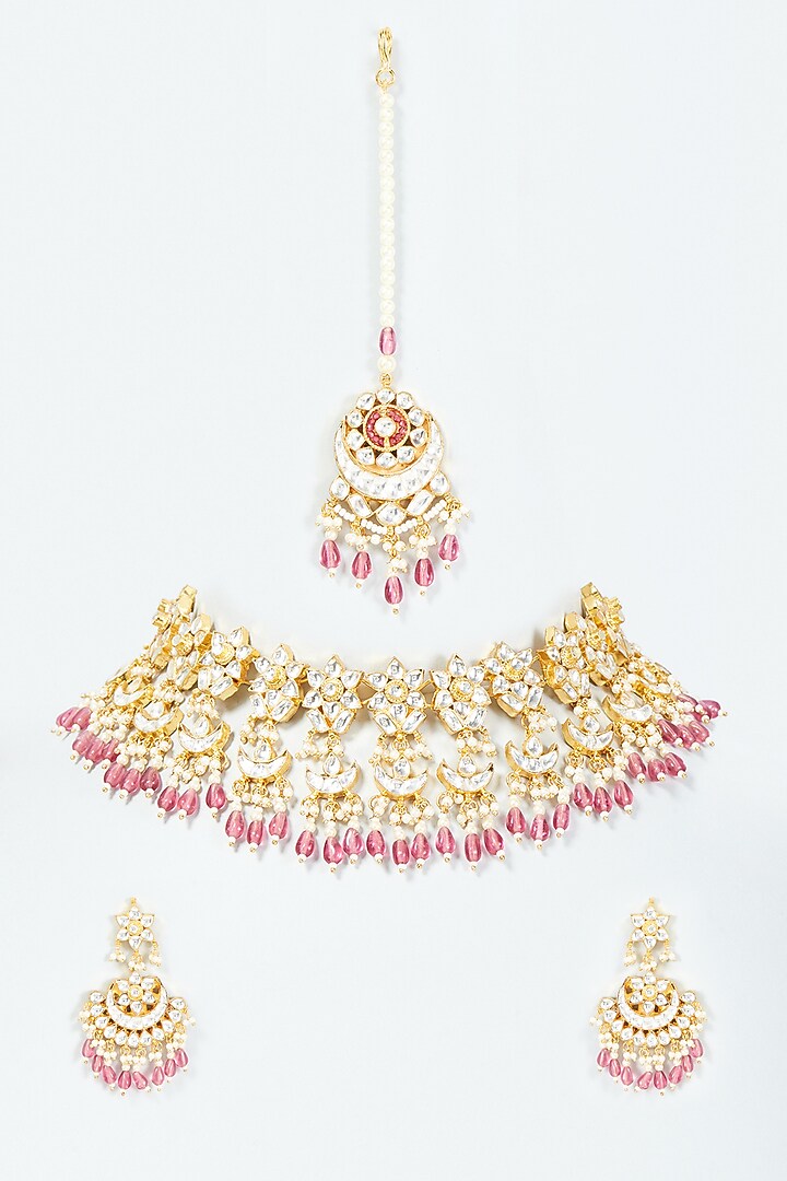 Gold Finish Kundan Polki & Pink Beaded Choker Necklace Set by VASTRAA Jewellery at Pernia's Pop Up Shop