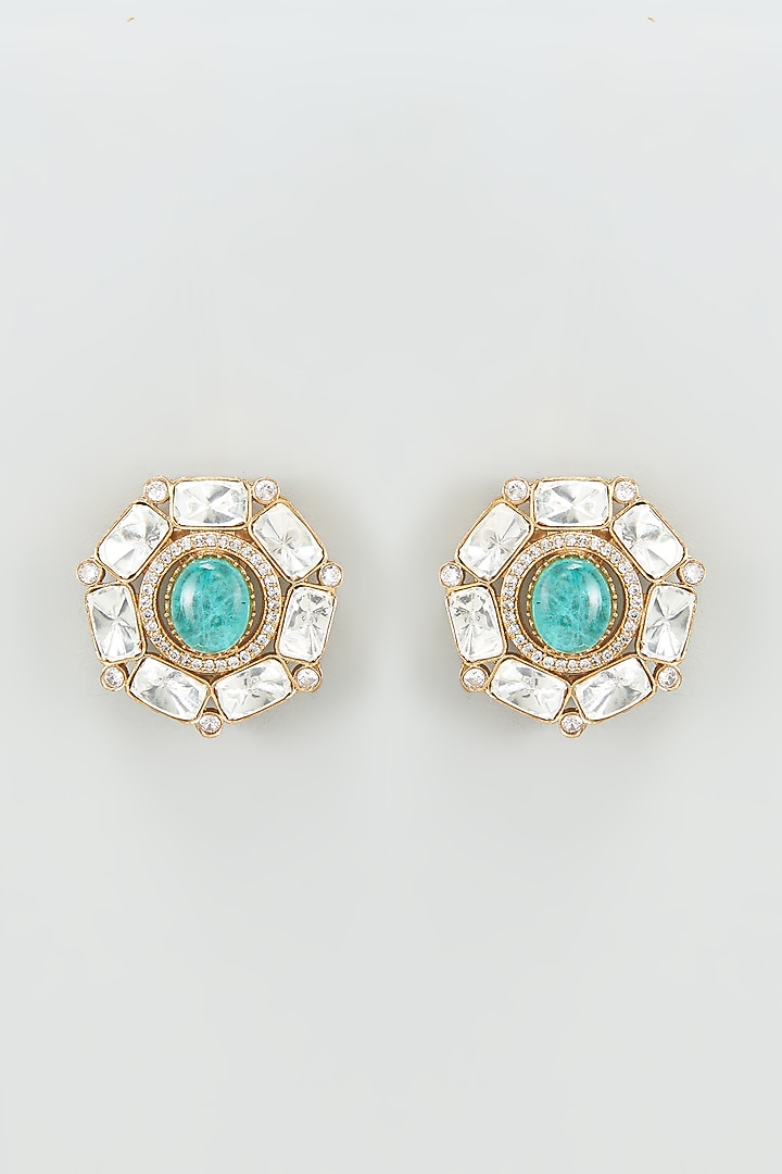 Gold Finish Kundan Polki Aqua Stone Earrings by VASTRAA Jewellery at Pernia's Pop Up Shop