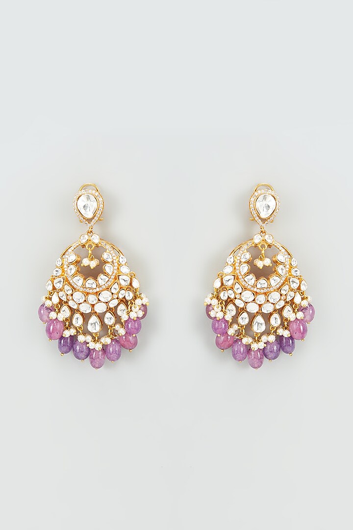 Gold Finish Kundan Polki Chandbaali Earrings by VASTRAA Jewellery at Pernia's Pop Up Shop