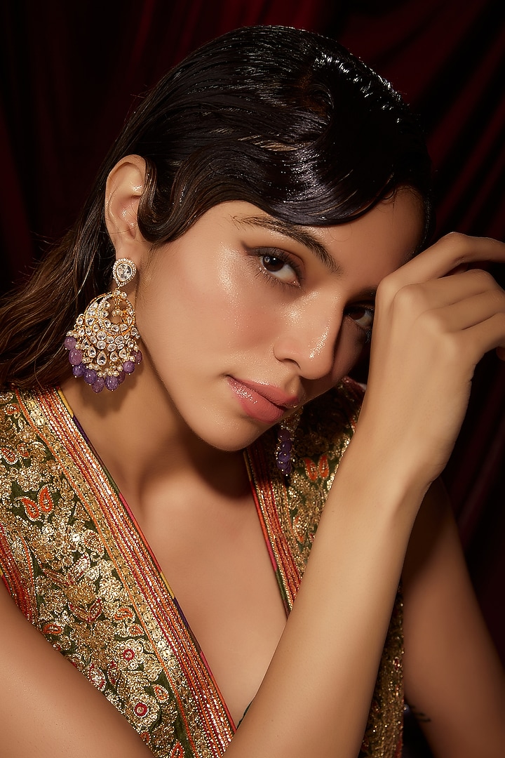 Gold Finish Kundan Polki Chandbaali Earrings by VASTRAA Jewellery at Pernia's Pop Up Shop