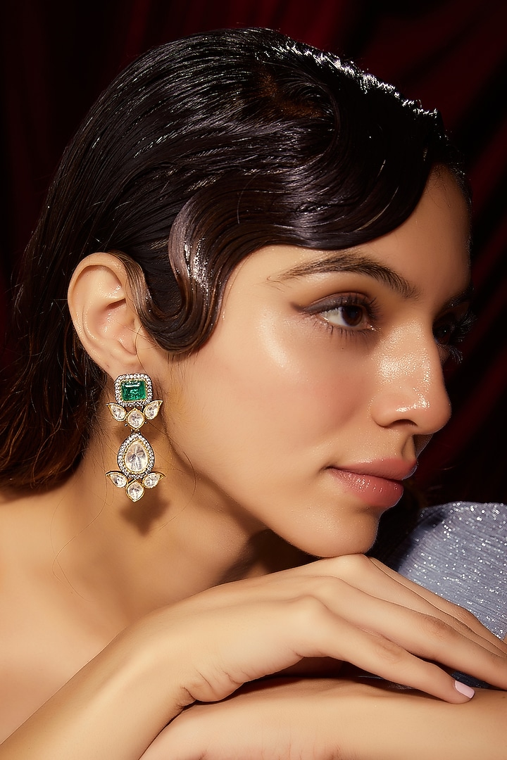 Black Rhodium Finish Kundan Polki Dangler Earrings by VASTRAA Jewellery at Pernia's Pop Up Shop