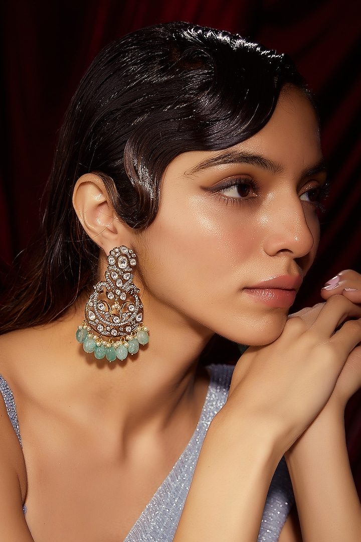 Black Rhodium Finish Kundan Polki Chandbali Earrings by VASTRAA Jewellery at Pernia's Pop Up Shop