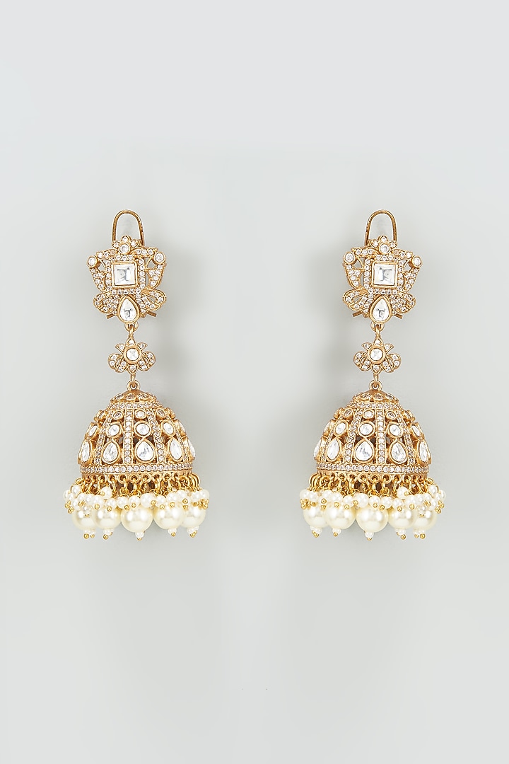 Gold Finish Kundan Polki Jhumka Earrings by VASTRAA Jewellery at Pernia's Pop Up Shop