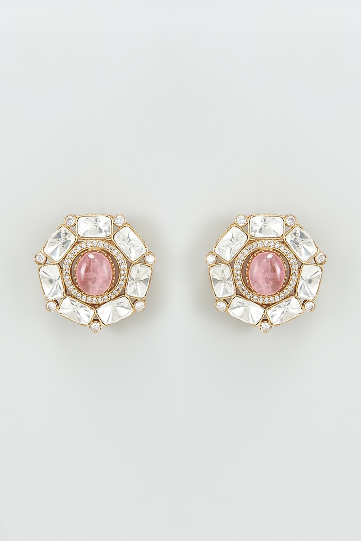 Gold Finish Kundan Polki & Pink Stone Earrings by VASTRAA Jewellery at Pernia's Pop Up Shop