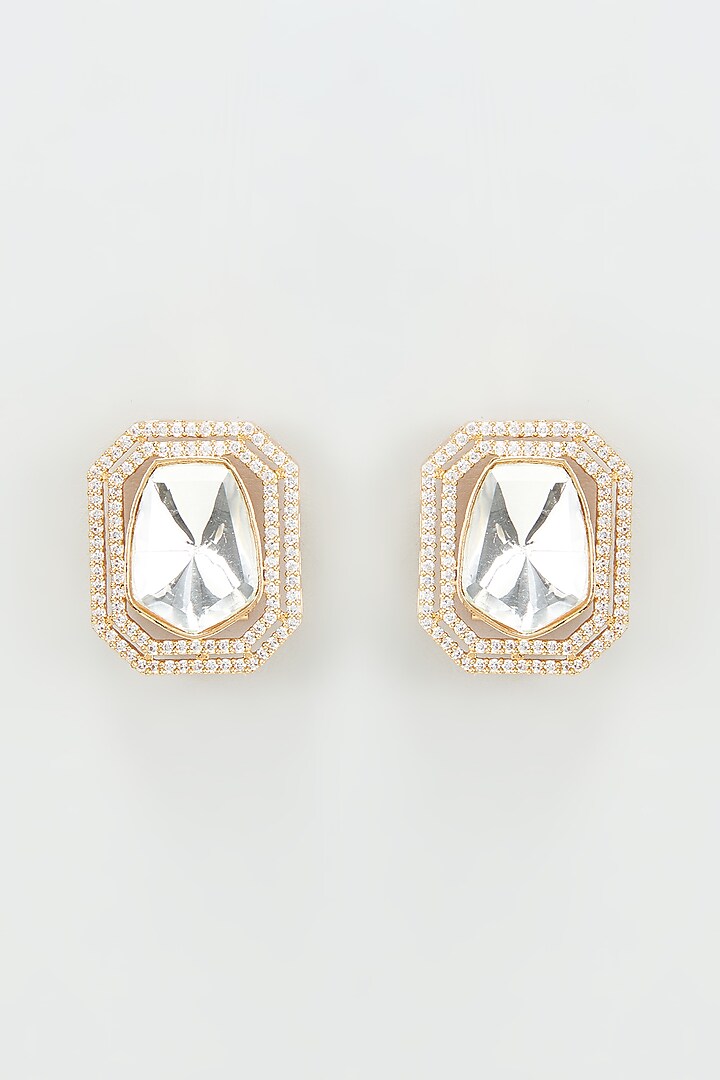 Gold Finish Kundan Polki Stud Earrings by VASTRAA Jewellery at Pernia's Pop Up Shop