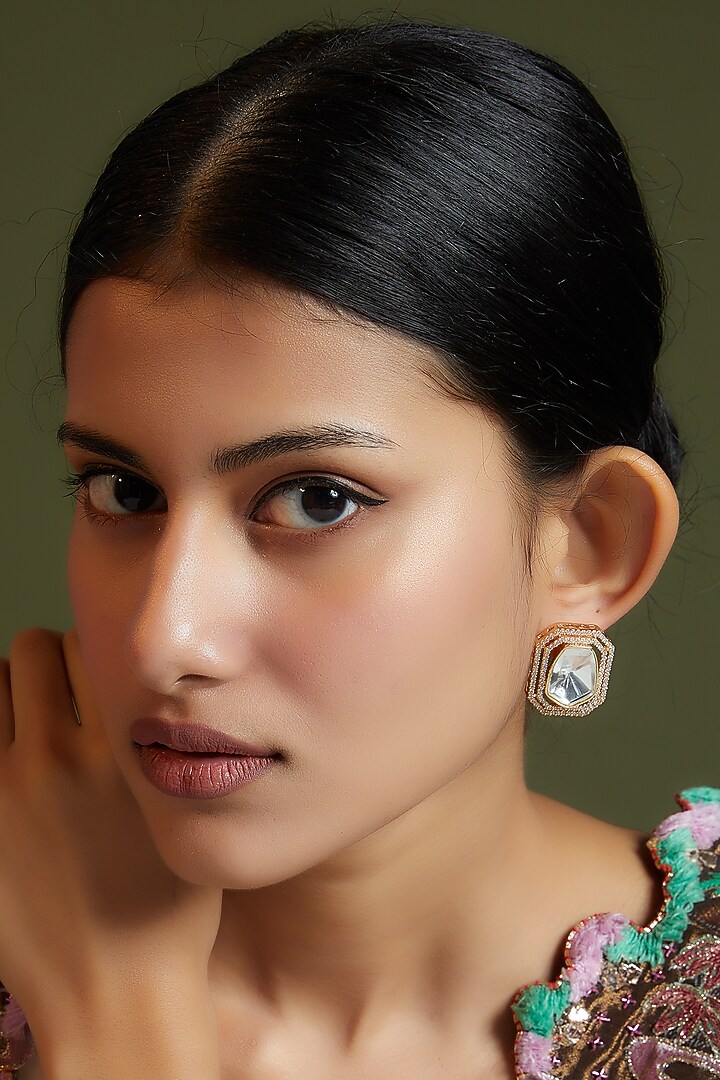 Gold Finish Kundan Polki Stud Earrings by VASTRAA Jewellery at Pernia's Pop Up Shop