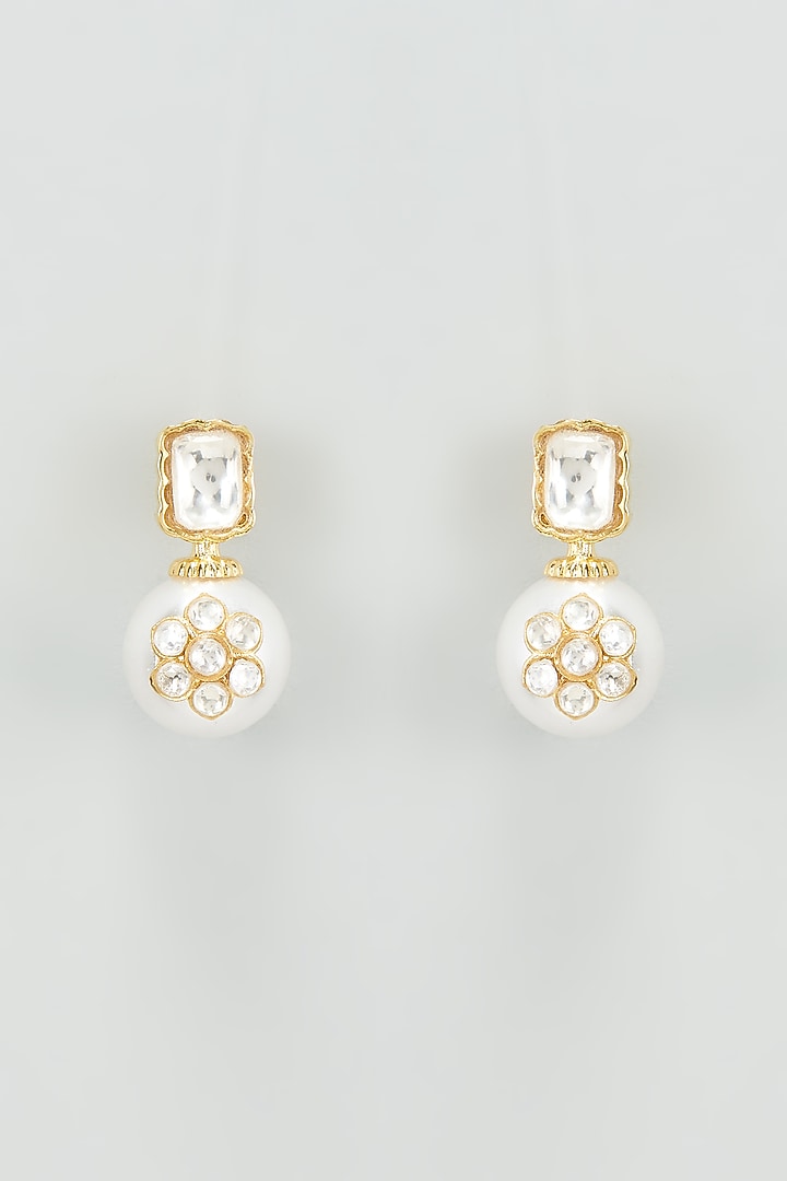 Gold Finish Kundan Polki & Pearl Dangler Earrings by VASTRAA Jewellery at Pernia's Pop Up Shop
