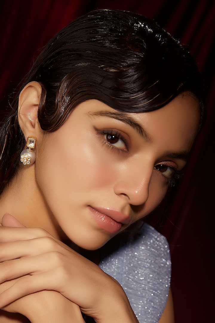 Gold Finish Kundan Polki & Pearl Dangler Earrings by VASTRAA Jewellery at Pernia's Pop Up Shop