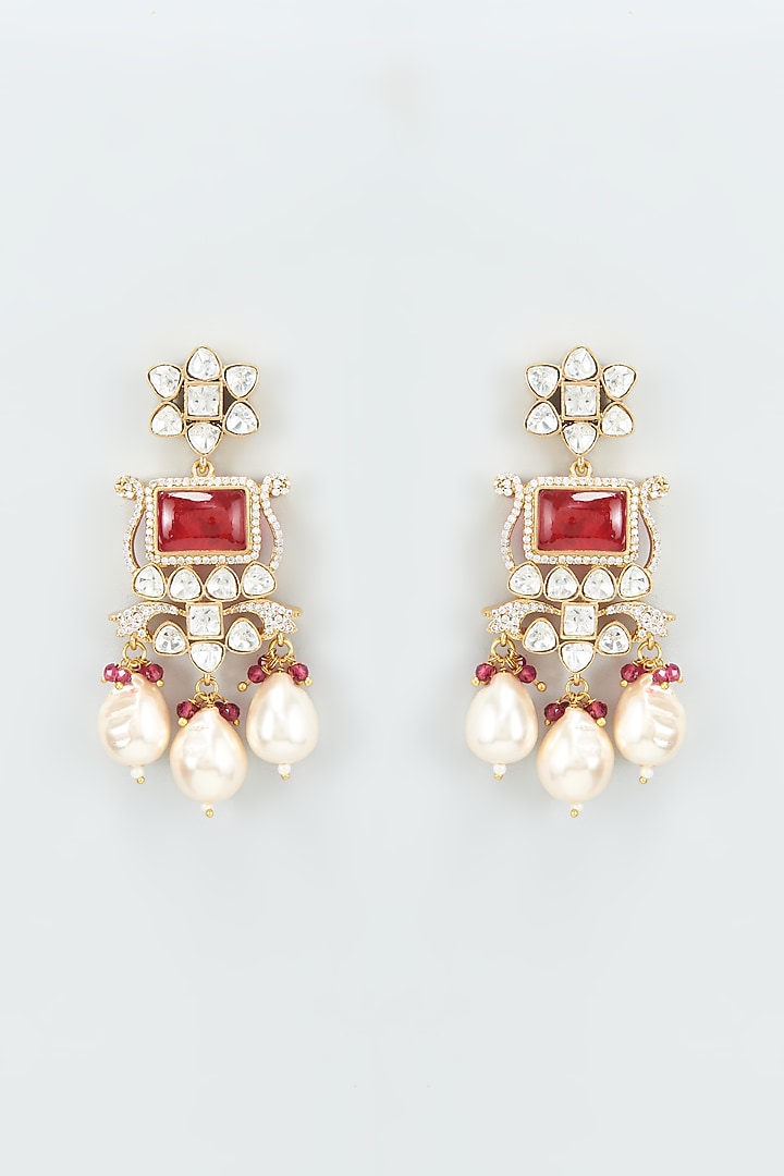 Gold Finish Kundan Polki & Ruby Dangler Earrings by VASTRAA Jewellery at Pernia's Pop Up Shop