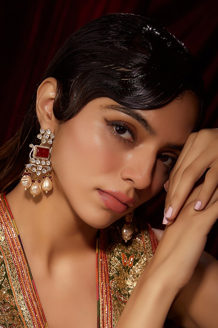 Gold Finish Kundan Polki & Ruby Dangler Earrings by VASTRAA Jewellery at Pernia's Pop Up Shop