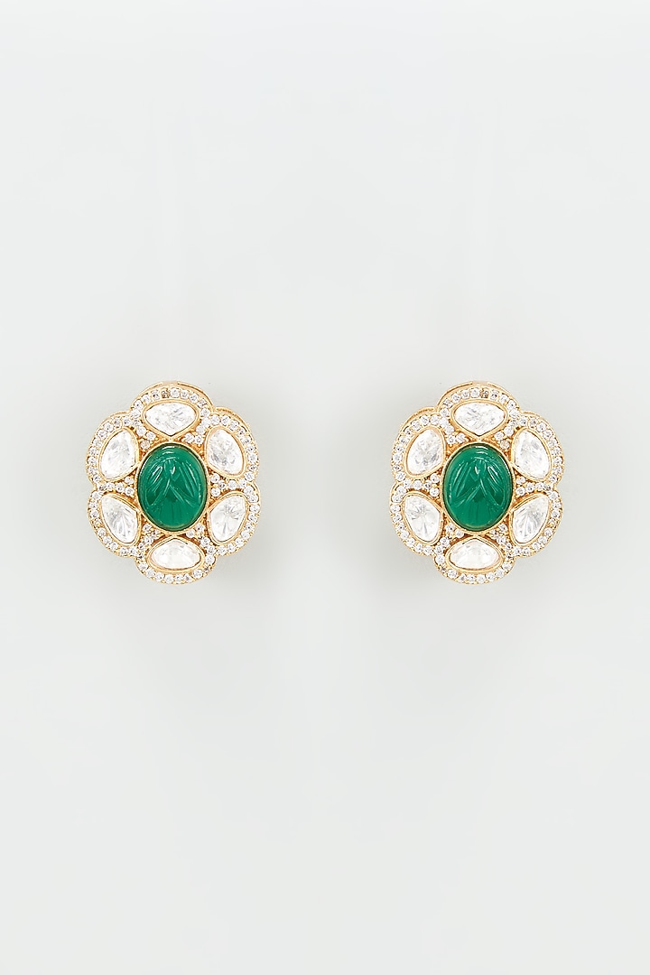 Gold Finish Kundan Polki & Green Stone Earrings by VASTRAA Jewellery at Pernia's Pop Up Shop