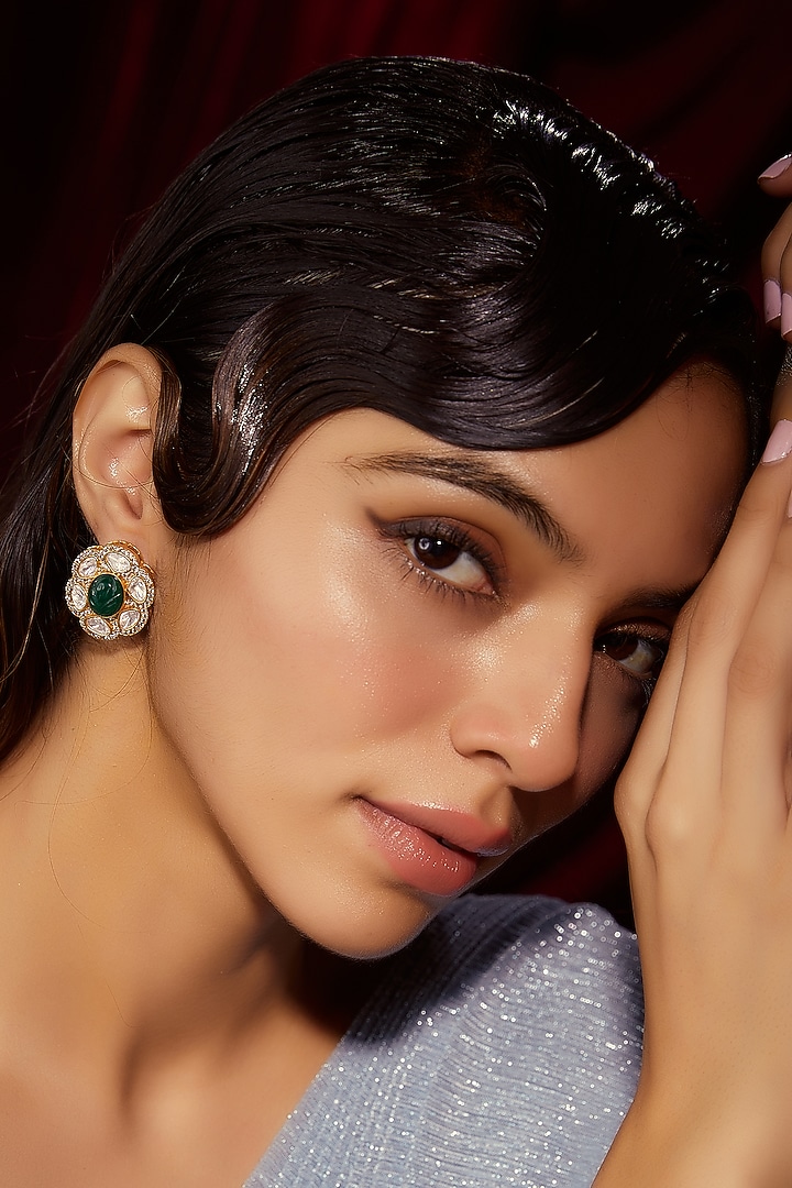 Gold Finish Kundan Polki & Green Stone Earrings by VASTRAA Jewellery at Pernia's Pop Up Shop