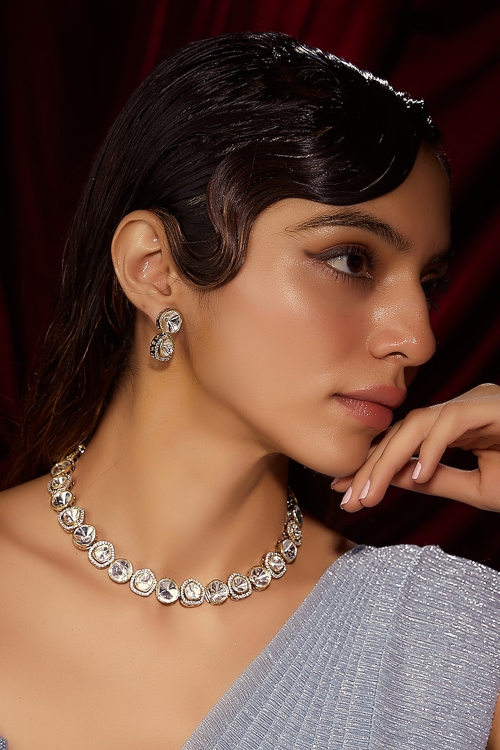 Two Tone Finish Kundan Polki Necklace Set by VASTRAA Jewellery at Pernia's Pop Up Shop