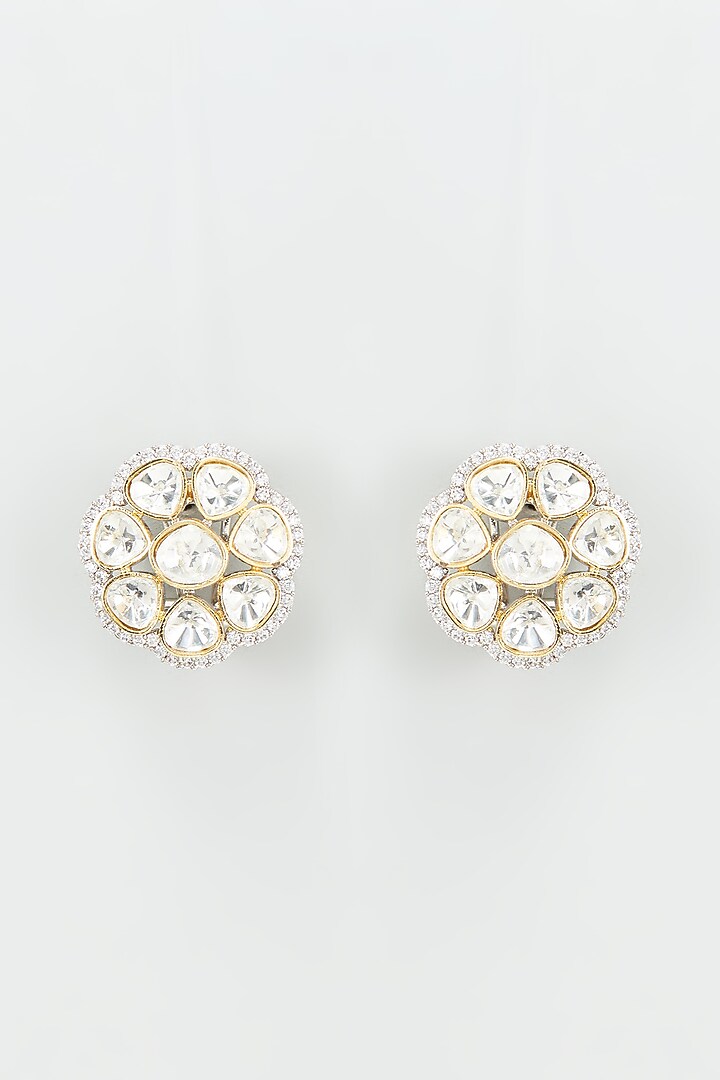 Gold Finish Kundan Polki Stud Earrings by VASTRAA Jewellery at Pernia's Pop Up Shop