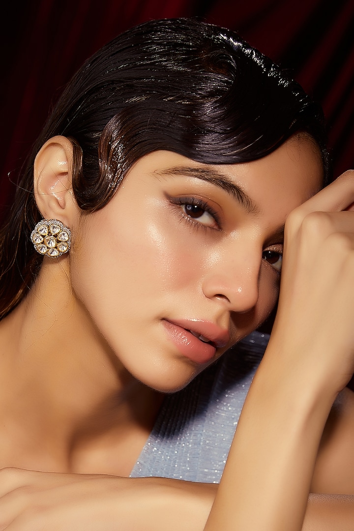 Gold Finish Kundan Polki Stud Earrings by VASTRAA Jewellery at Pernia's Pop Up Shop