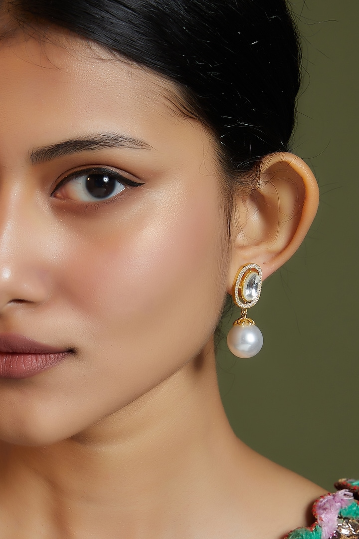 Gold Finish Kundan Polki & Pearl Stud Earrings by VASTRAA Jewellery at Pernia's Pop Up Shop
