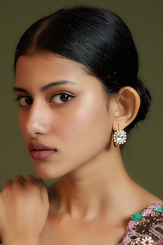 Gold Finish Kundan Polki Stud Earrings by VASTRAA Jewellery