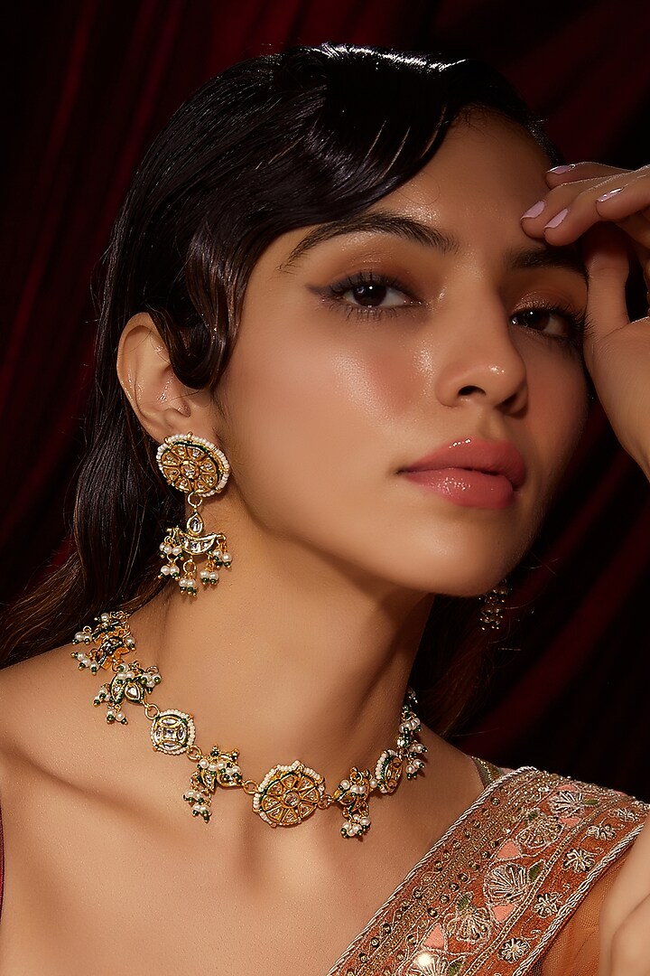 Gold Finish Kundan Polki & Green Beaded Choker Necklace Set by VASTRAA Jewellery at Pernia's Pop Up Shop