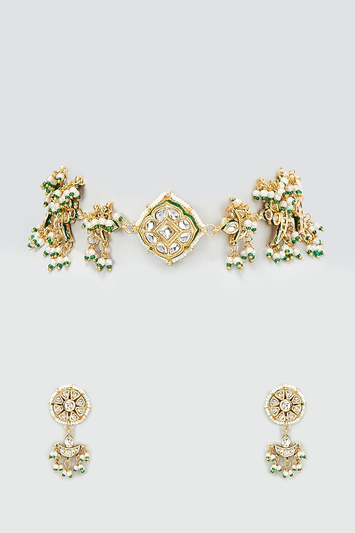 Gold Finish Kundan Polki Choker Necklace Set by VASTRAA Jewellery at Pernia's Pop Up Shop