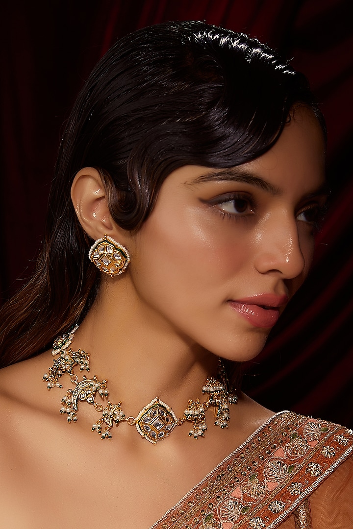 Gold Finish Kundan Polki Choker Necklace Set by VASTRAA Jewellery at Pernia's Pop Up Shop
