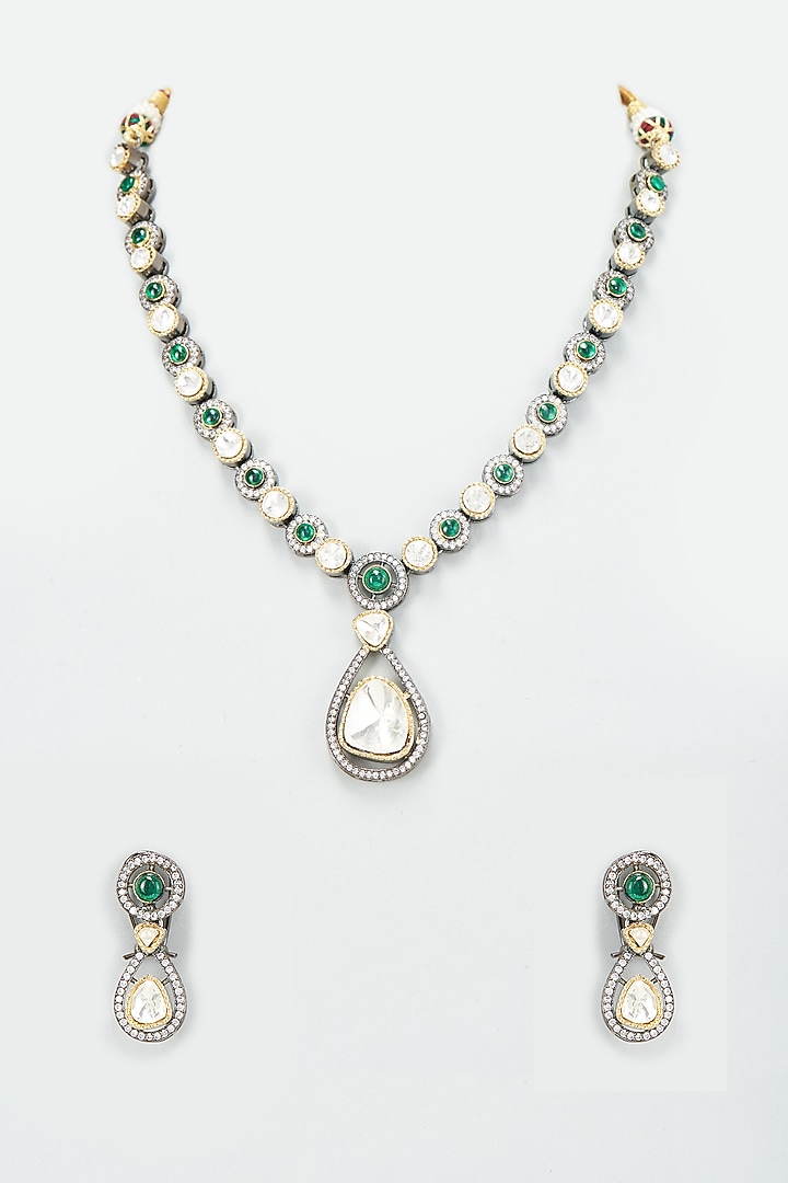 Black Rhodium Finish Kundan Polki Long Necklace Set by VASTRAA Jewellery at Pernia's Pop Up Shop
